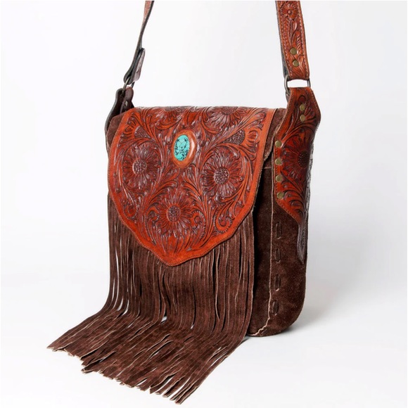 AMERICAN DARLING conceal carry crossbody bag hand tooled tourqoise stone RTL 495 - Picture 2 of 13
